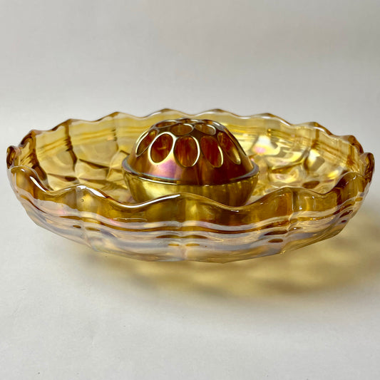 Crown Crystal Australia Carnival Glass Float Bowl with Frog – Banded Diamonds Pattern c.1930s