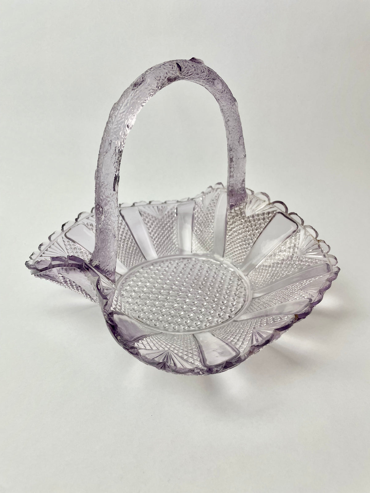 Vintage Amethyst Pressed Glass Basket – Scalloped Edge