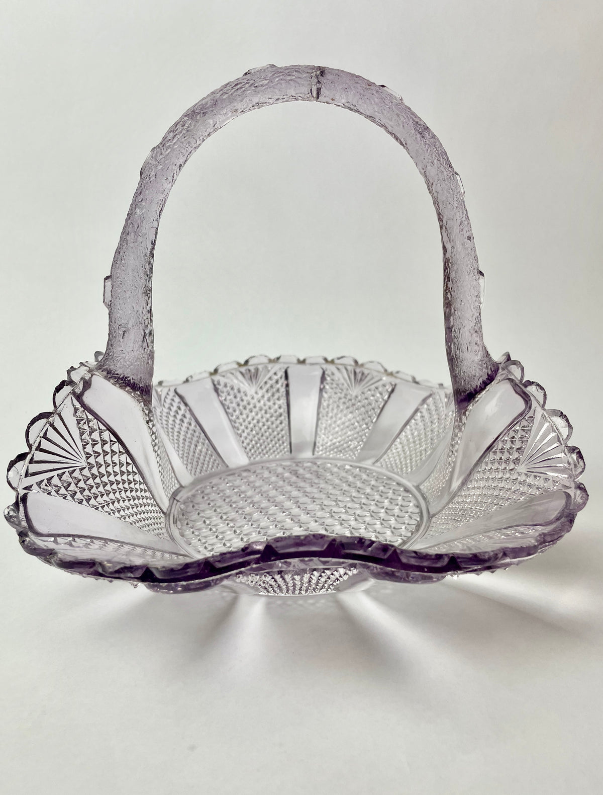 Vintage Amethyst Pressed Glass Basket – Scalloped Edge