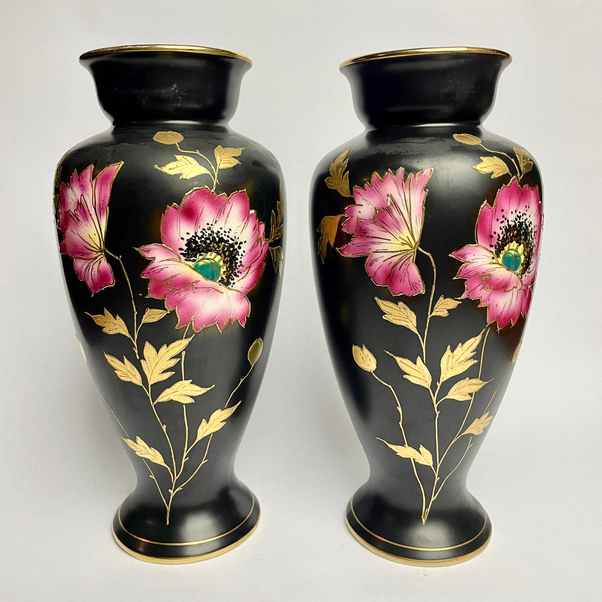 Pair of Hand-Painted Falcon Ware Vases – Floral Design – c1920s – 27cm