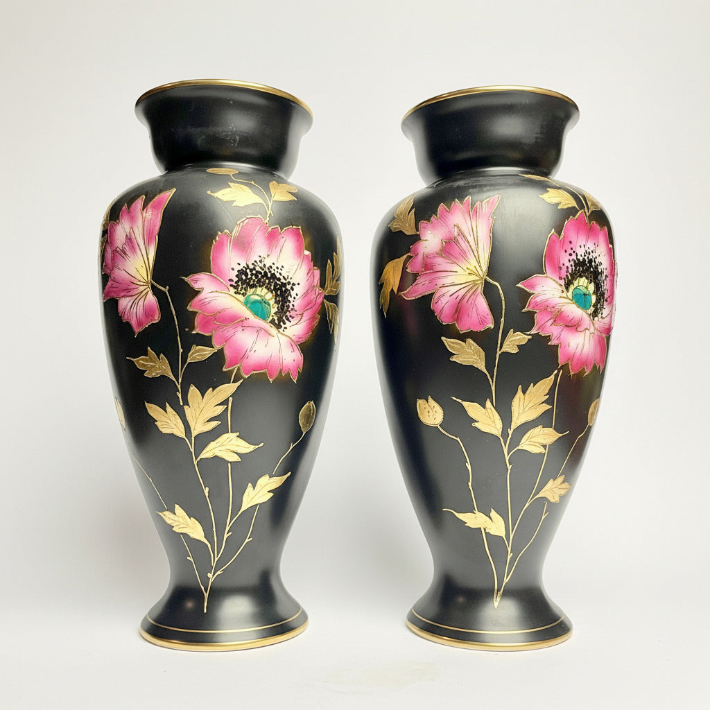Pair of Hand-Painted Falcon Ware Vases – Floral Design – c1920s – 27cm