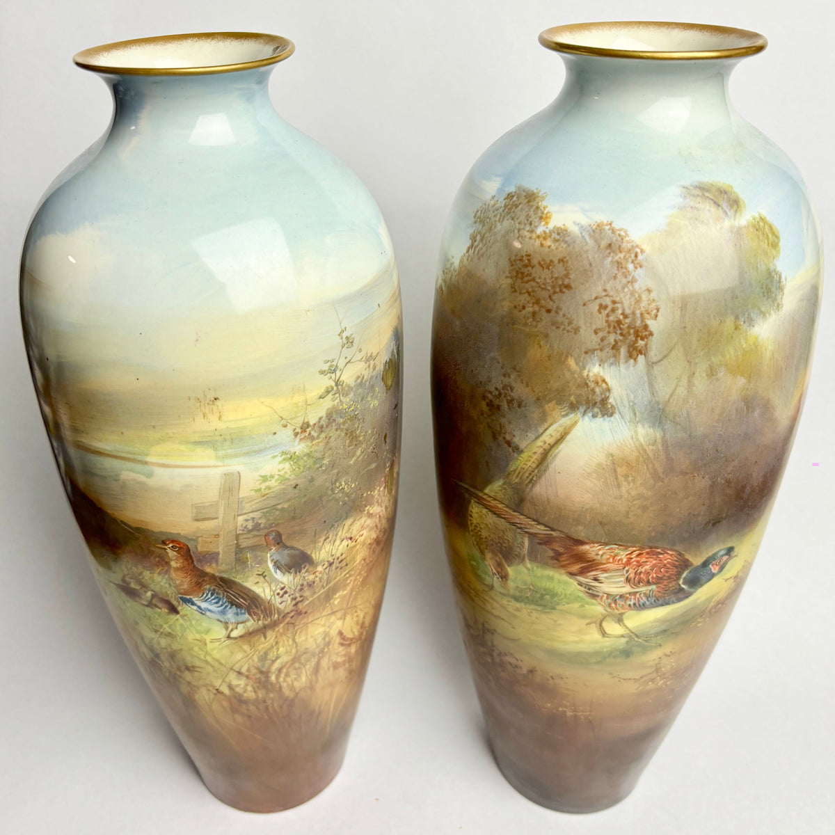 Pair Large Antique Winton Hand Painted Vases – Pheasants – Signed T Holmes – 34cm