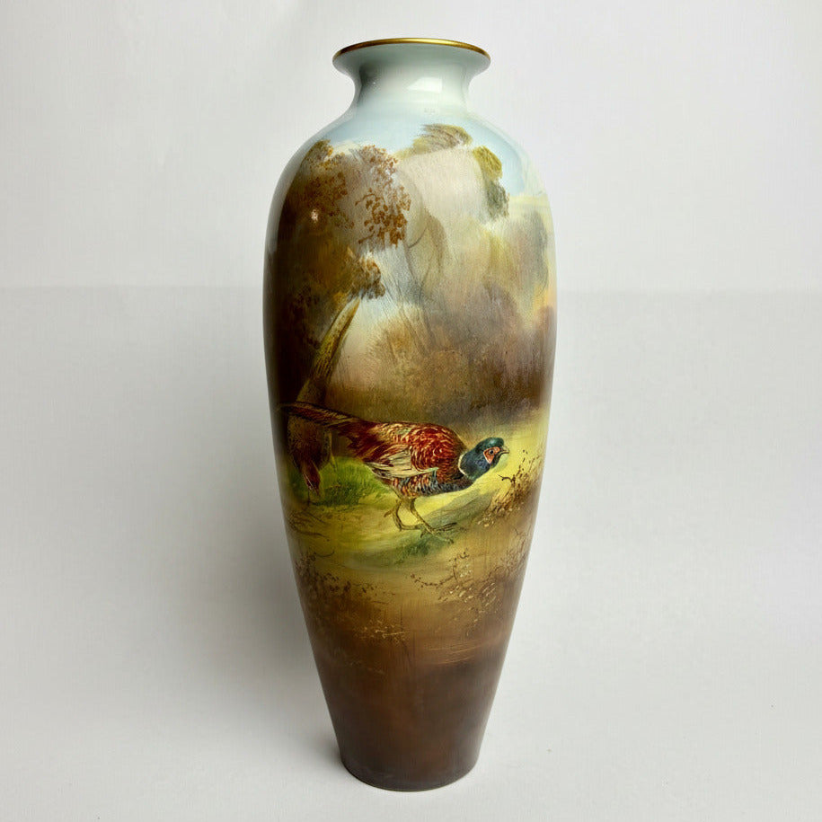 Pair Large Antique Winton Hand Painted Vases – Pheasants – Signed T Holmes – 34cm