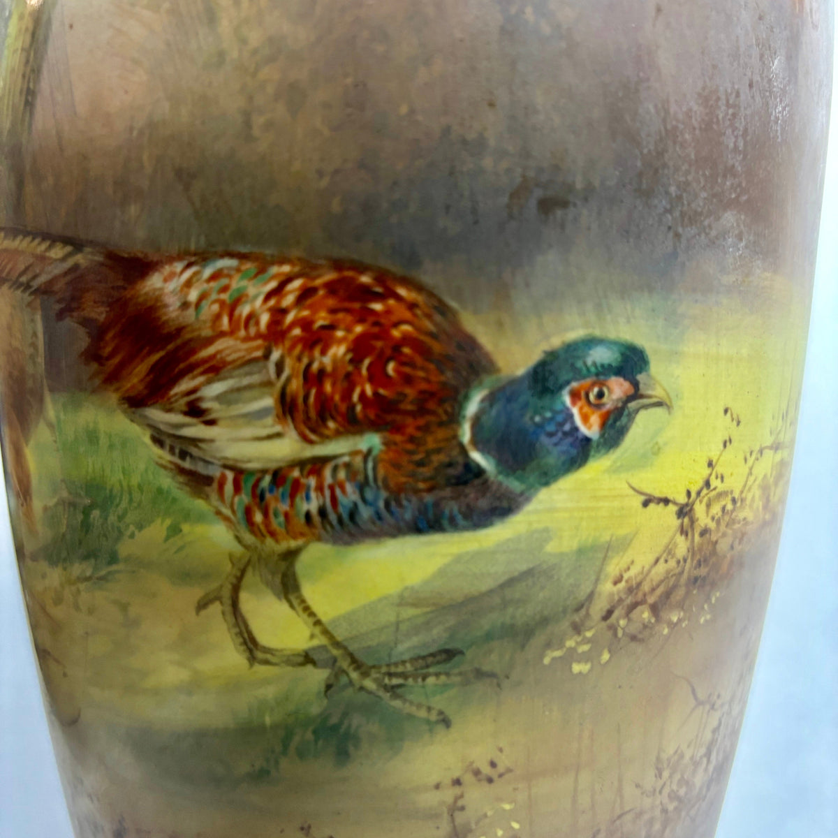 Pair Large Antique Winton Hand Painted Vases – Pheasants – Signed T Holmes – 34cm