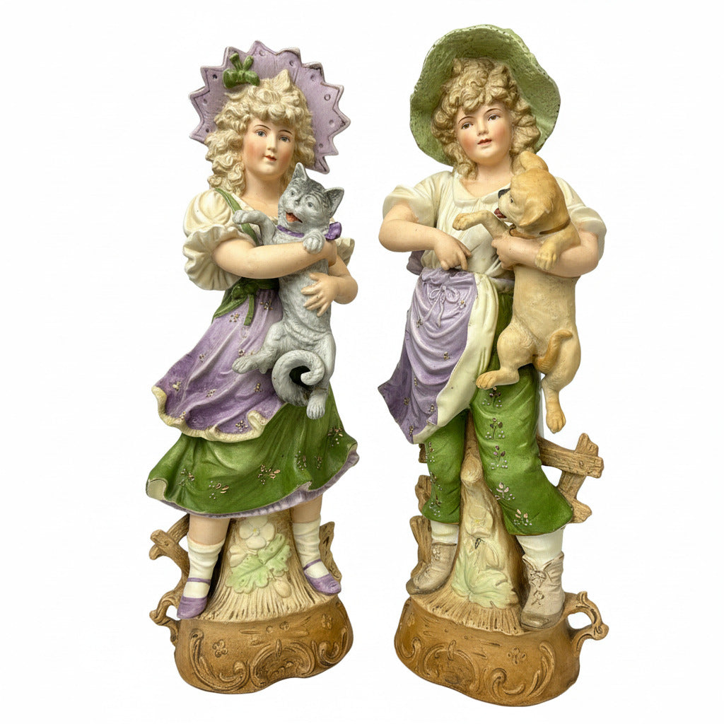 Pair of Large Victorian Bisque Figurines – Children with Cat & Dog – 39cm