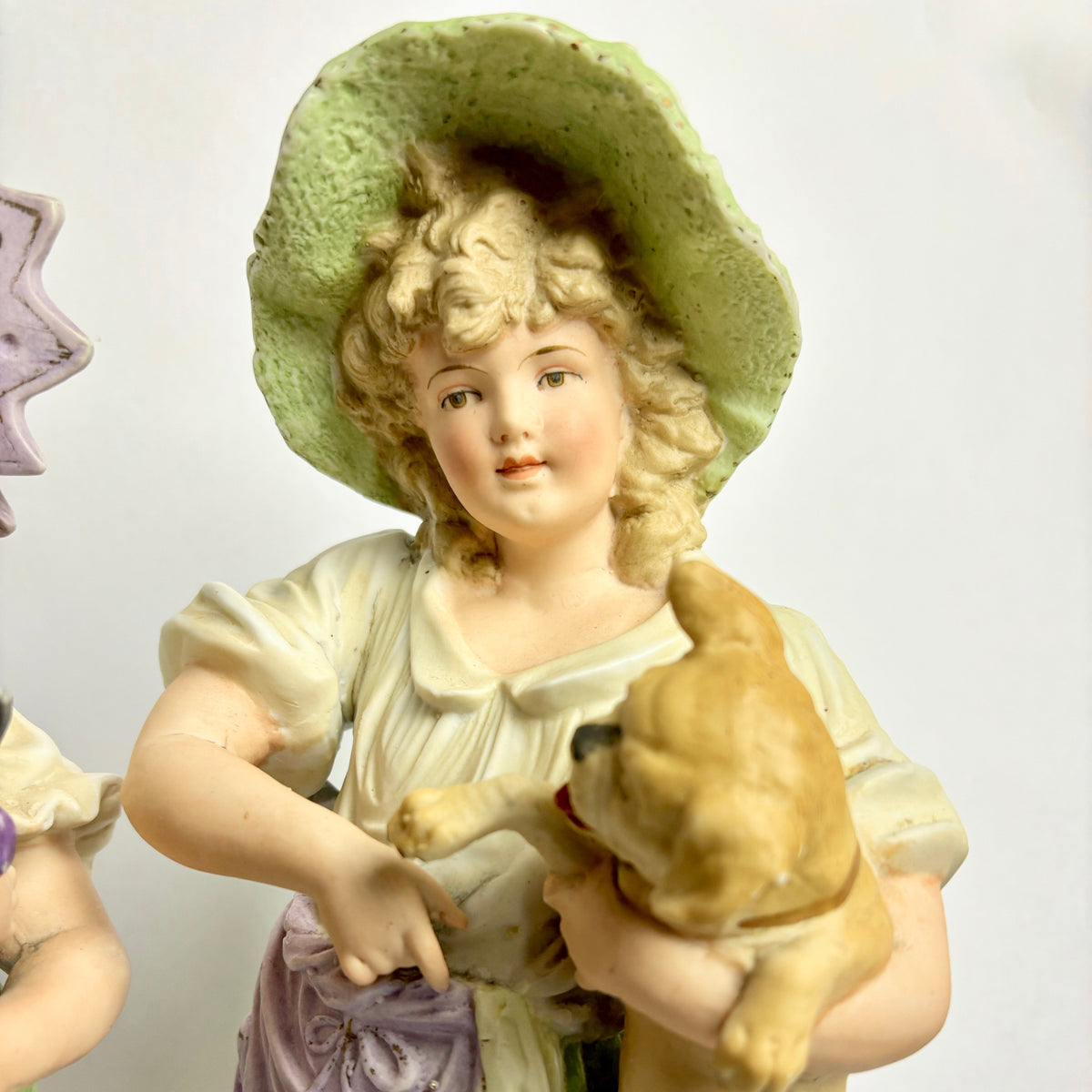 Pair of Large Victorian Bisque Figurines – Children with Cat & Dog – 39cm