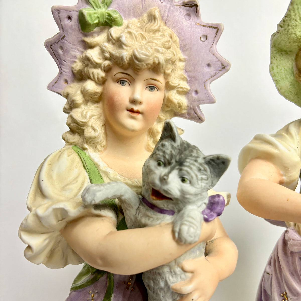 Pair of Large Victorian Bisque Figurines – Children with Cat & Dog – 39cm