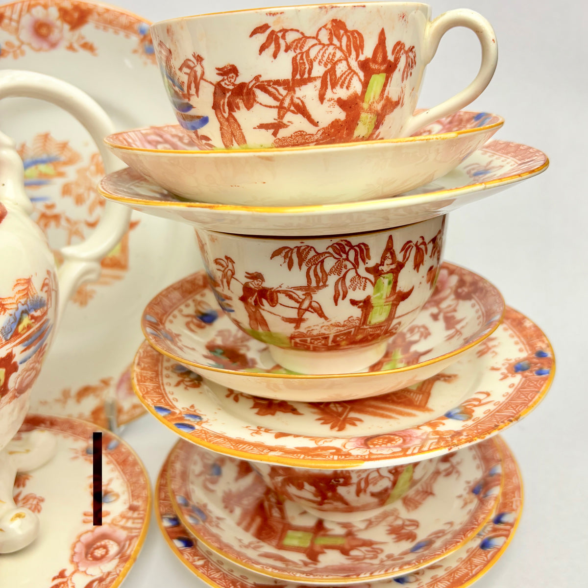 Rare Hilditch & Sons Chinoiserie Tea Set c1840 – Fisherman & Cormorants – 33pc
