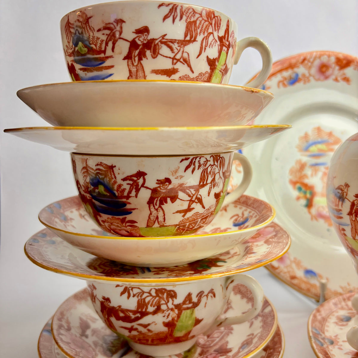 Rare Hilditch & Sons Chinoiserie Tea Set c1840 – Fisherman & Cormorants – 33pc