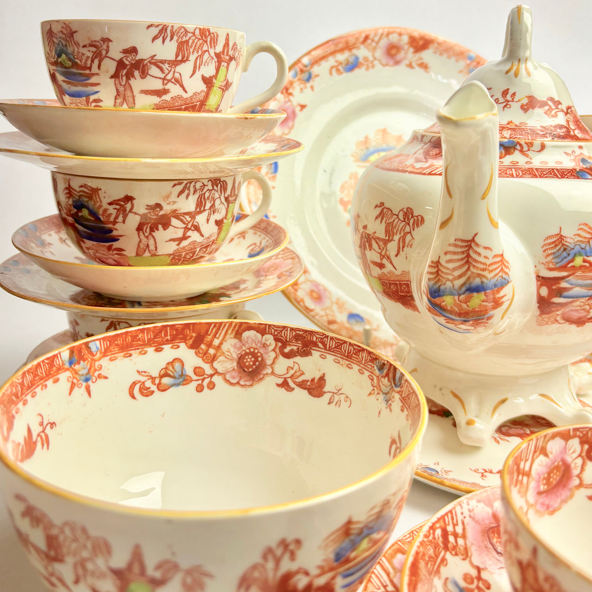 Rare Hilditch & Sons Chinoiserie Tea Set c1840 – Fisherman & Cormorants – 33pc