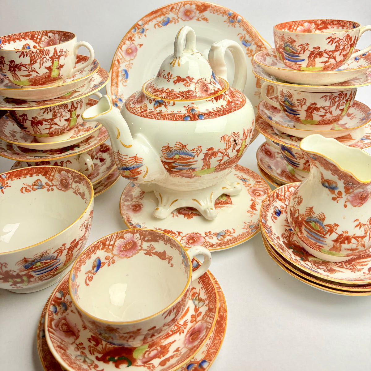 Rare Hilditch & Sons Chinoiserie Tea Set c1840 – Fisherman & Cormorants – 33pc