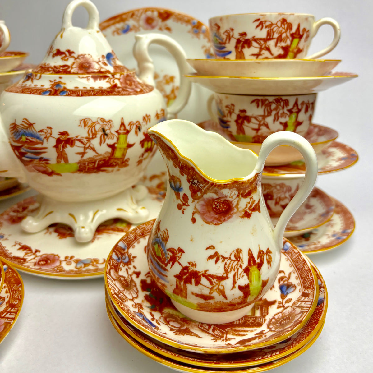 Rare Hilditch & Sons Chinoiserie Tea Set c1840 – Fisherman & Cormorants – 33pc