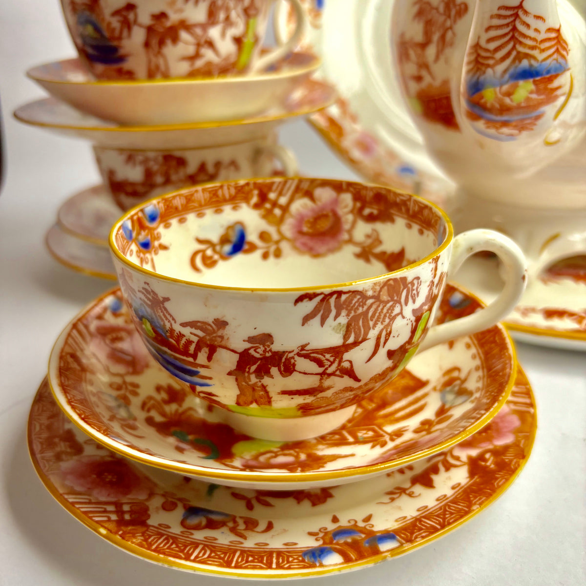 Rare Hilditch & Sons Chinoiserie Tea Set c1840 – Fisherman & Cormorants – 33pc