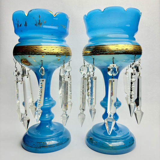 Victorian Blue Opaline Mantel Lustres – Pair – Prism Drops – 30cm