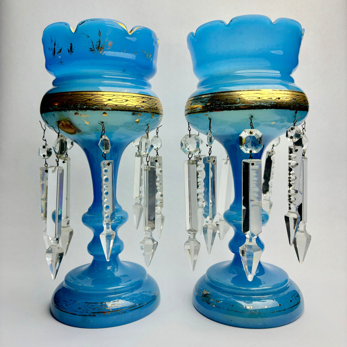 Victorian Blue Opaline Mantel Lustres – Pair – Prism Drops – 30cm