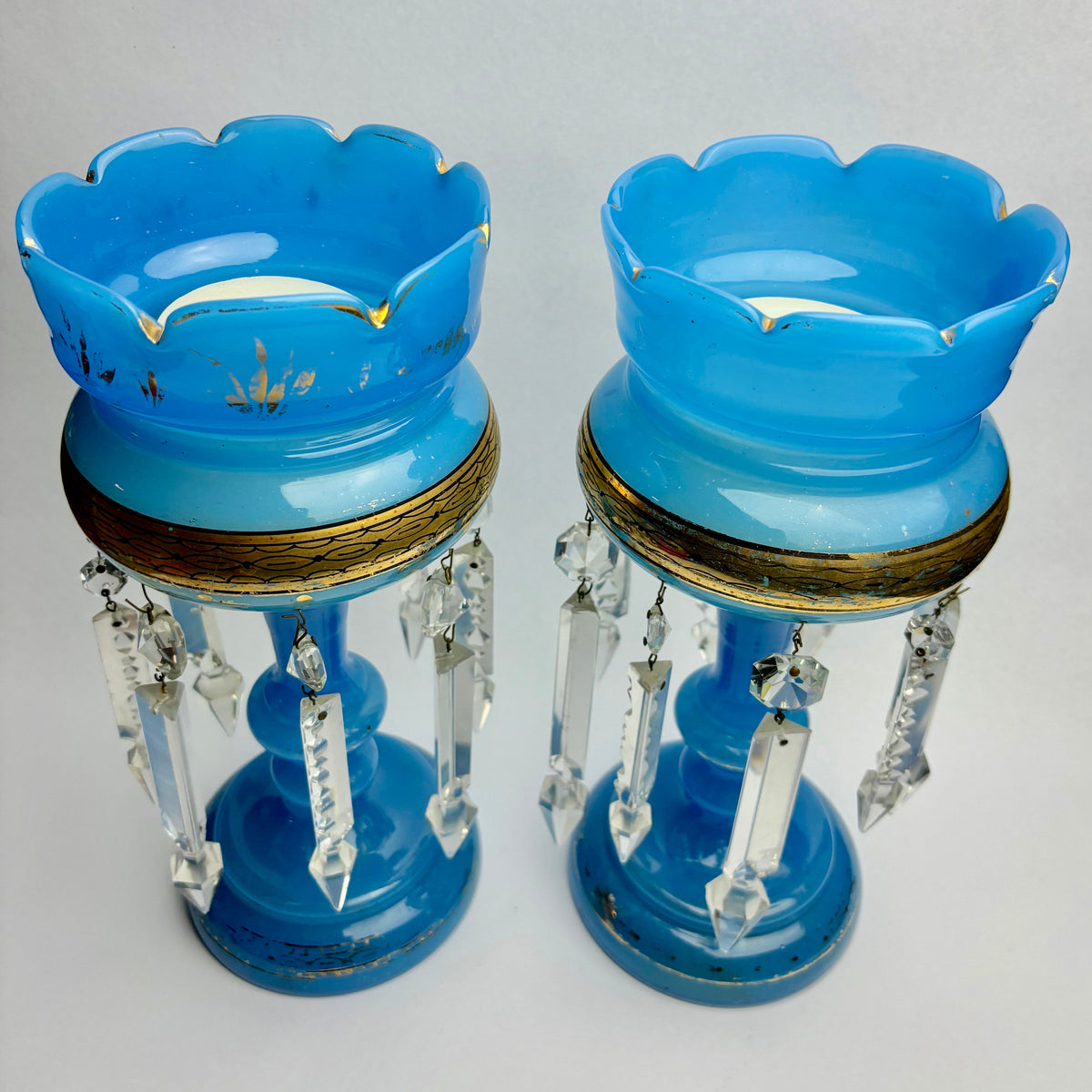 Victorian Blue Opaline Mantel Lustres – Pair – Prism Drops – 30cm