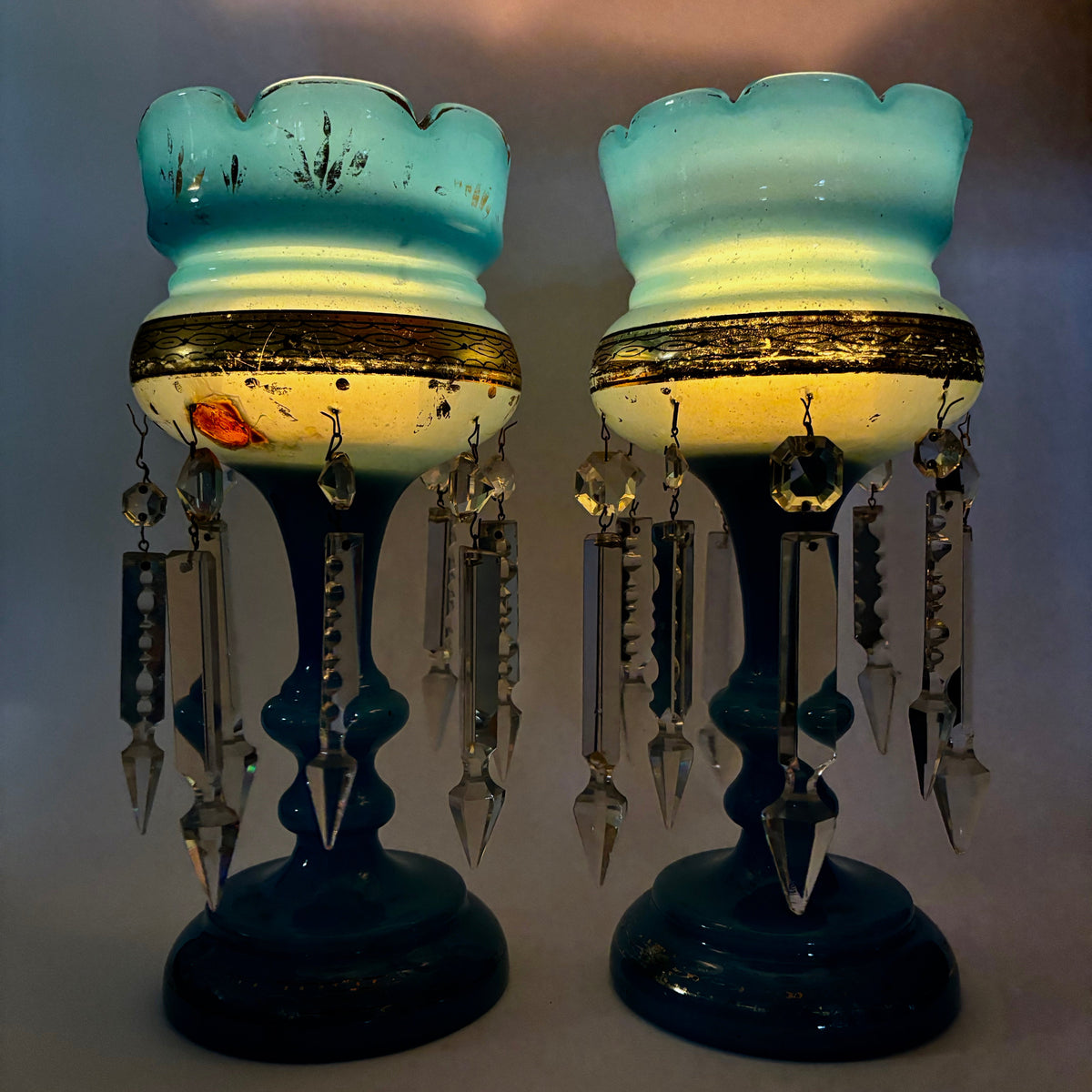 Victorian Blue Opaline Mantel Lustres – Pair – Prism Drops – 30cm