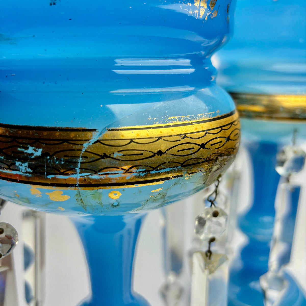 Victorian Blue Opaline Mantel Lustres – Pair – Prism Drops – 30cm