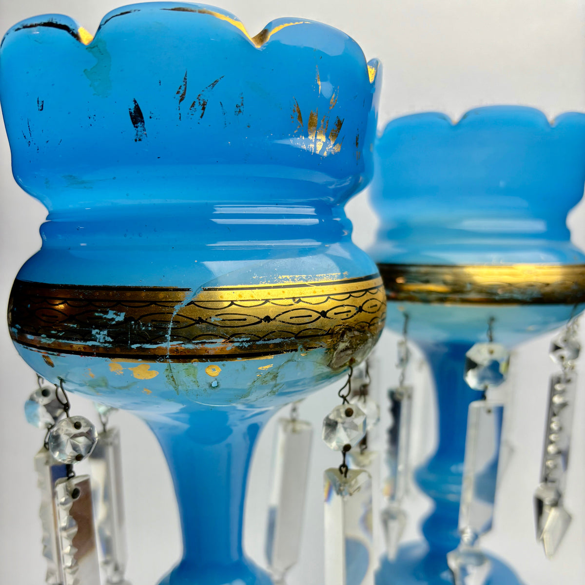 Victorian Blue Opaline Mantel Lustres – Pair – Prism Drops – 30cm