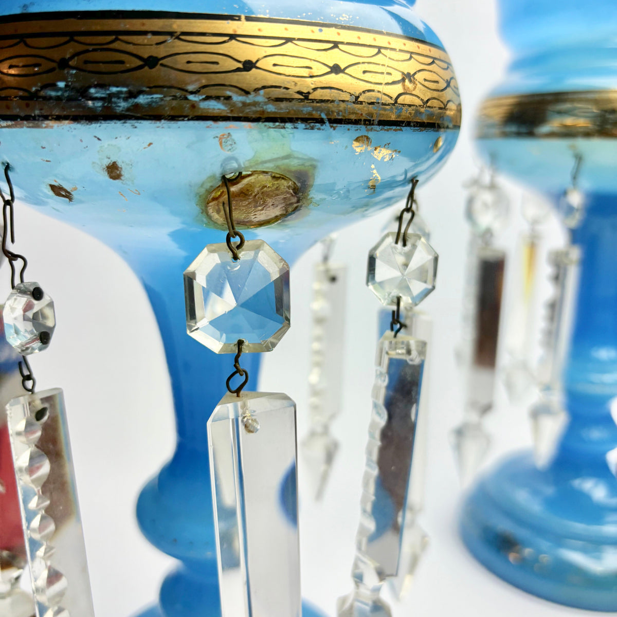 Victorian Blue Opaline Mantel Lustres – Pair – Prism Drops – 30cm