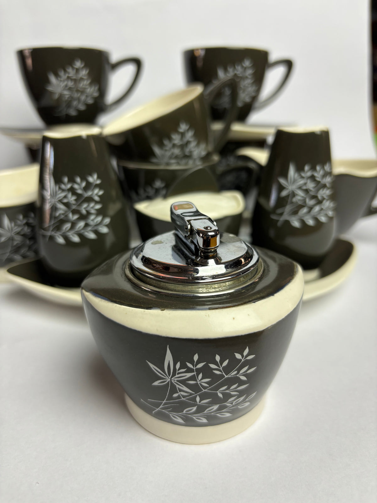 Carlton Ware ‘Boomerang’ Tea Set – Mid Century Australian Design – Charcoal & White