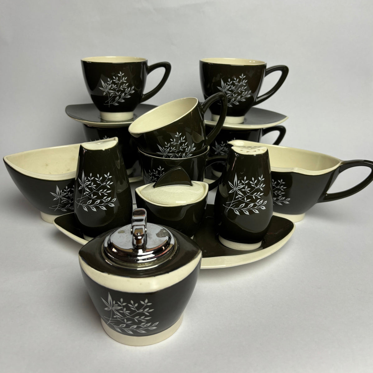 Carlton Ware ‘Boomerang’ Tea Set – Mid Century Australian Design – Charcoal & White