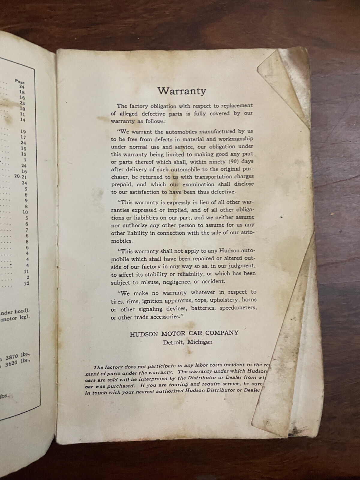 Original 1925 Hudson Super-Six Parts List