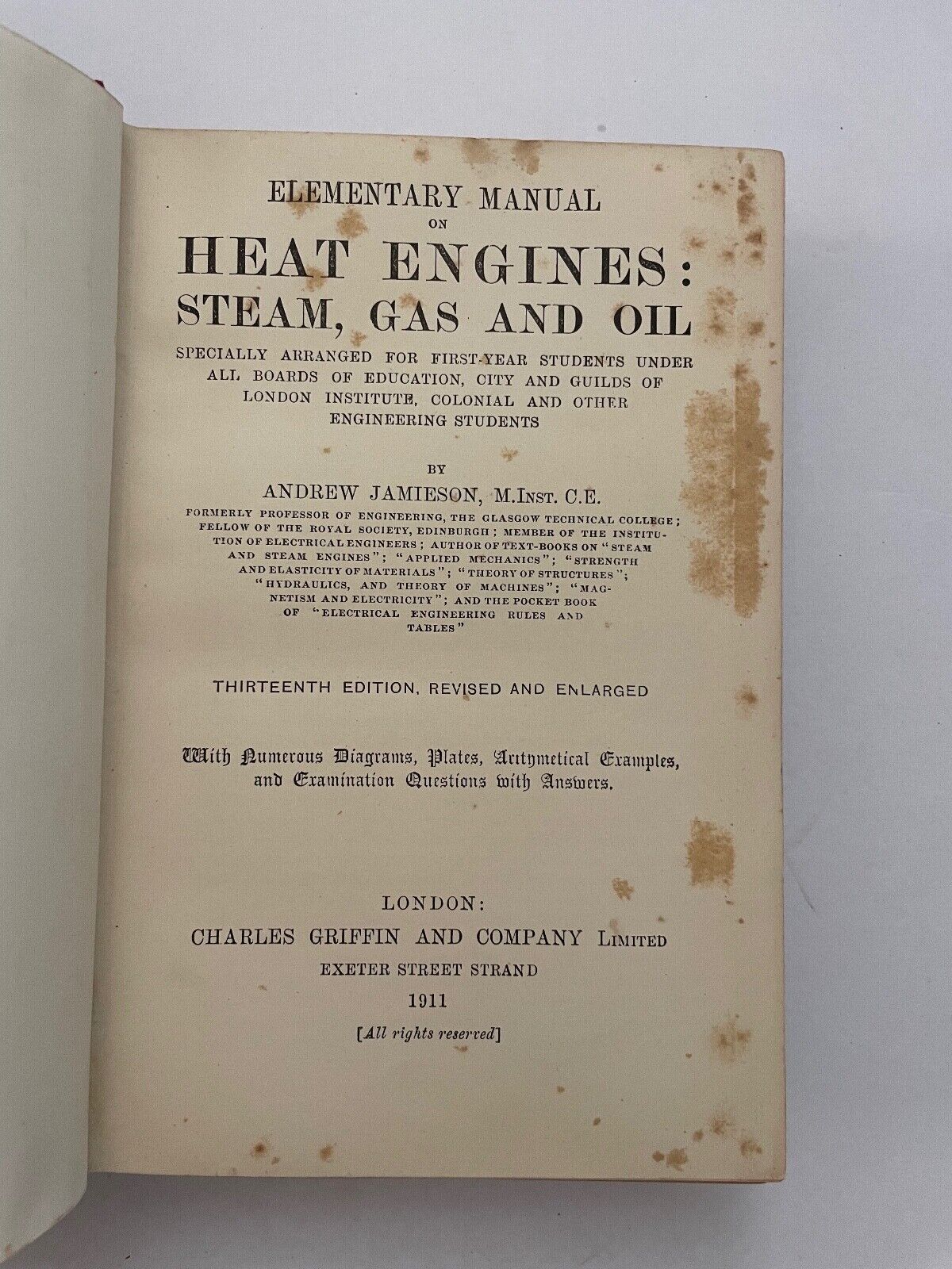 Elementary Manual On Heat Engines: Steam, Gas And Oil (1911 HC) Jamieson Glasgow