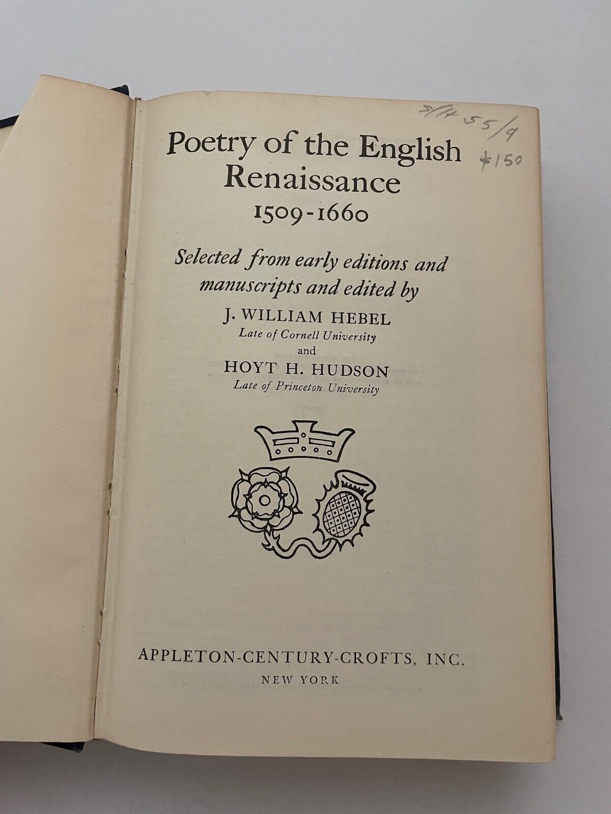 1957 POETRY OF THE ENGLISH RENAISSANCE 1509-1660 Hebel, J. William & Hudson, Hoy