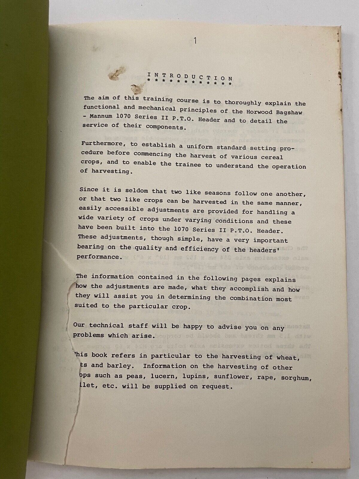 Horwood Bagshaw Ltd 1070 Series II PTO Harvester Operation Instructions manual