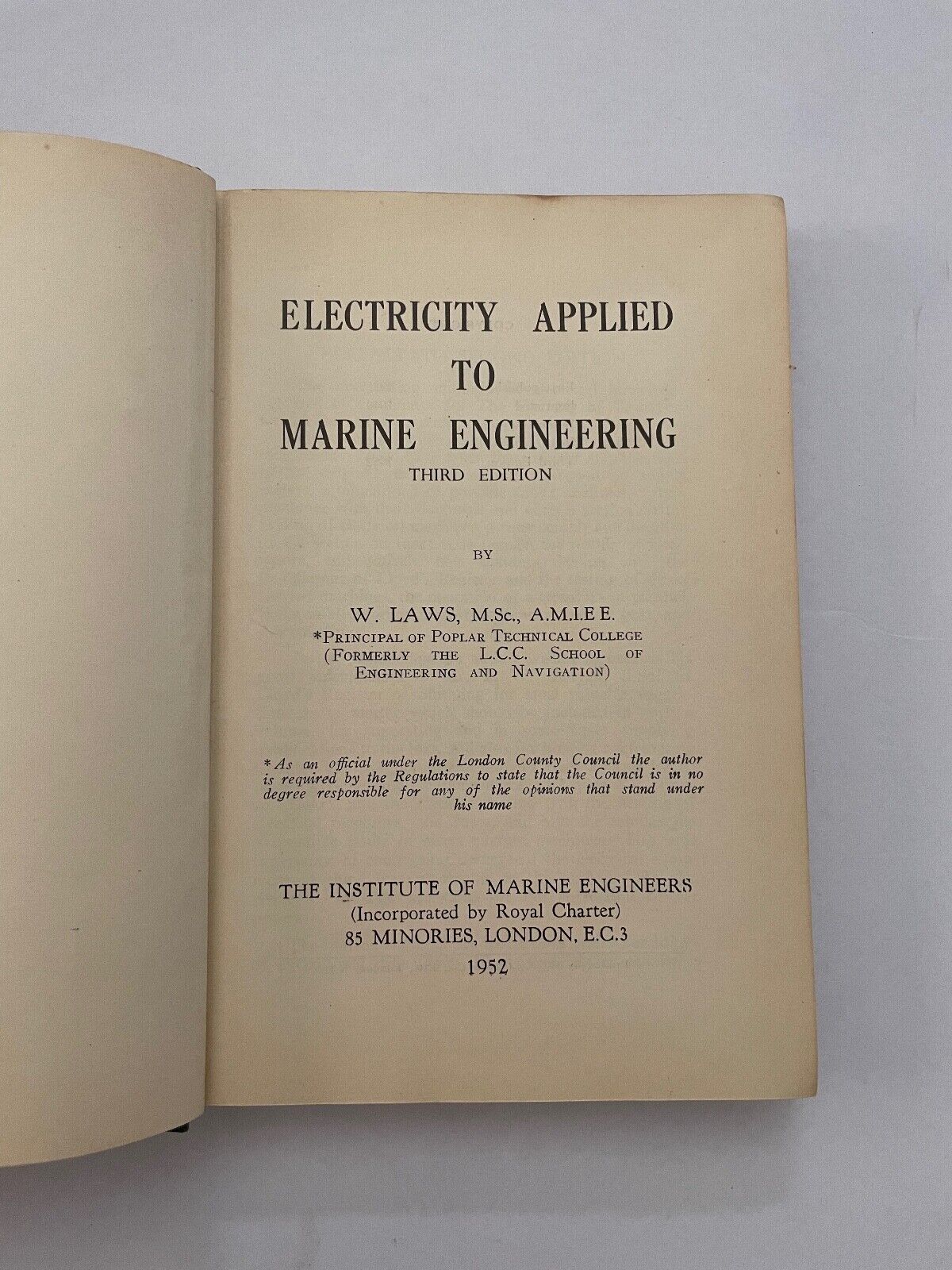 ELECTRICITY APPLIED TO MARINE ENGINEERING: W Laws (1952) 3rd ed.