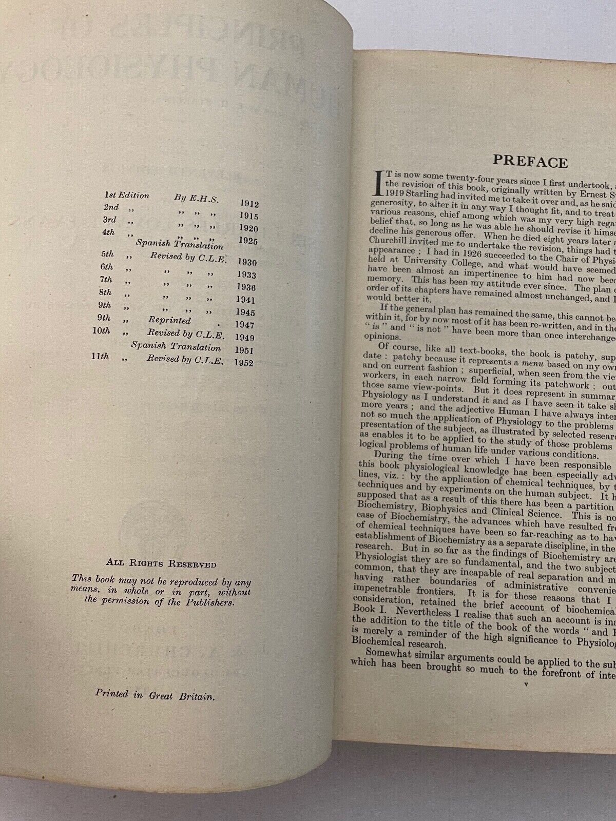 Principles of Human Physiology Lovatt Evans 11th edition 1952
